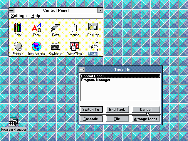 Windows 3.0 Control Panel, Task List, and Custom Background (1990)